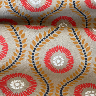 geometric sunflower print cotton fabric with warm earthy tones for custom roman blinds upholstery and soft furnishings